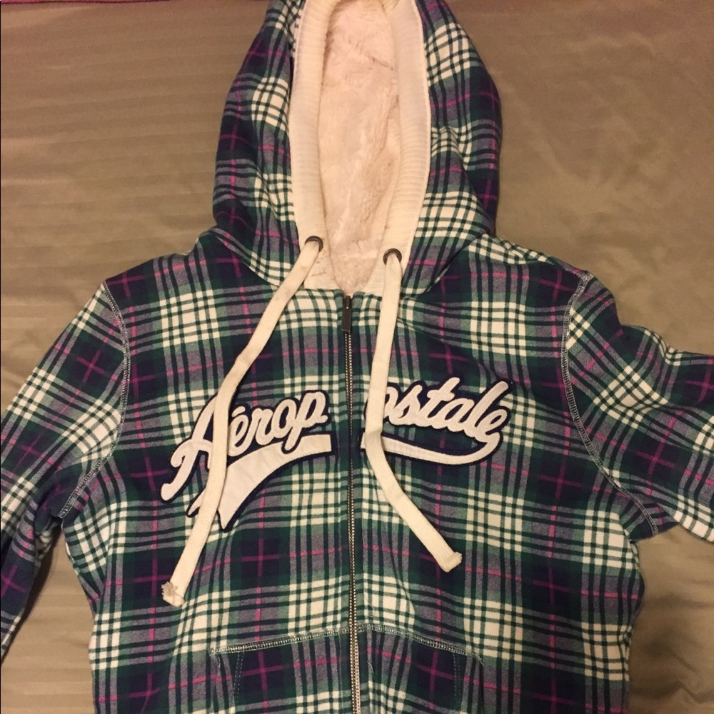Aeropostale Fluffy Plaid Zip-Up Hoodie